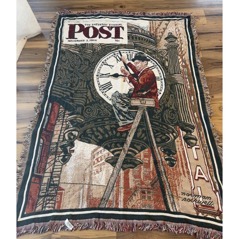 Norman Rockwell Saturday Evening Post 1945 Clock Repairman Tapestry Throw USA